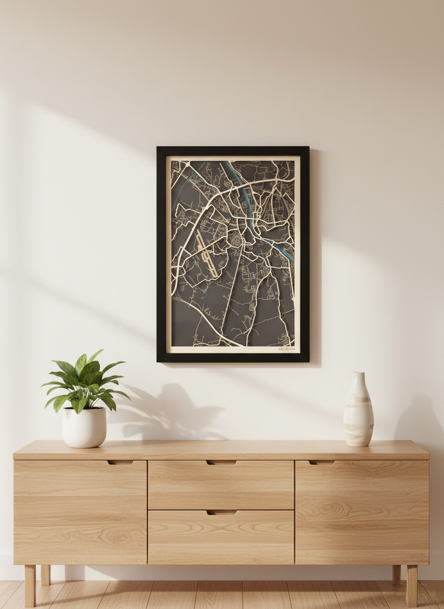 Framed custom Salzburg layered map artwork displayed in a modern interior above a wooden sideboard