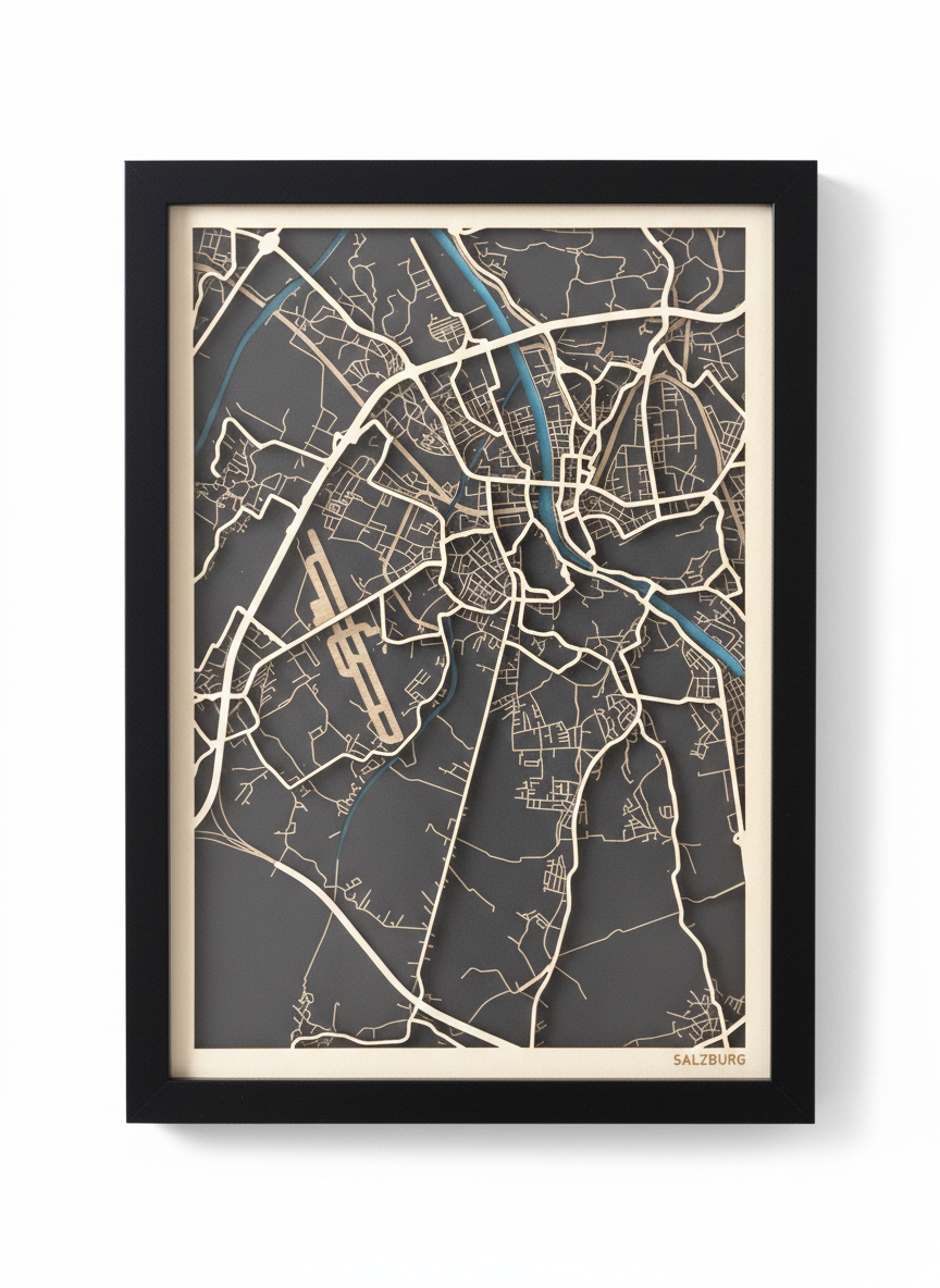 Studio product shot of framed Salzburg laser-cut city map with wooden roads and turquoise river accents