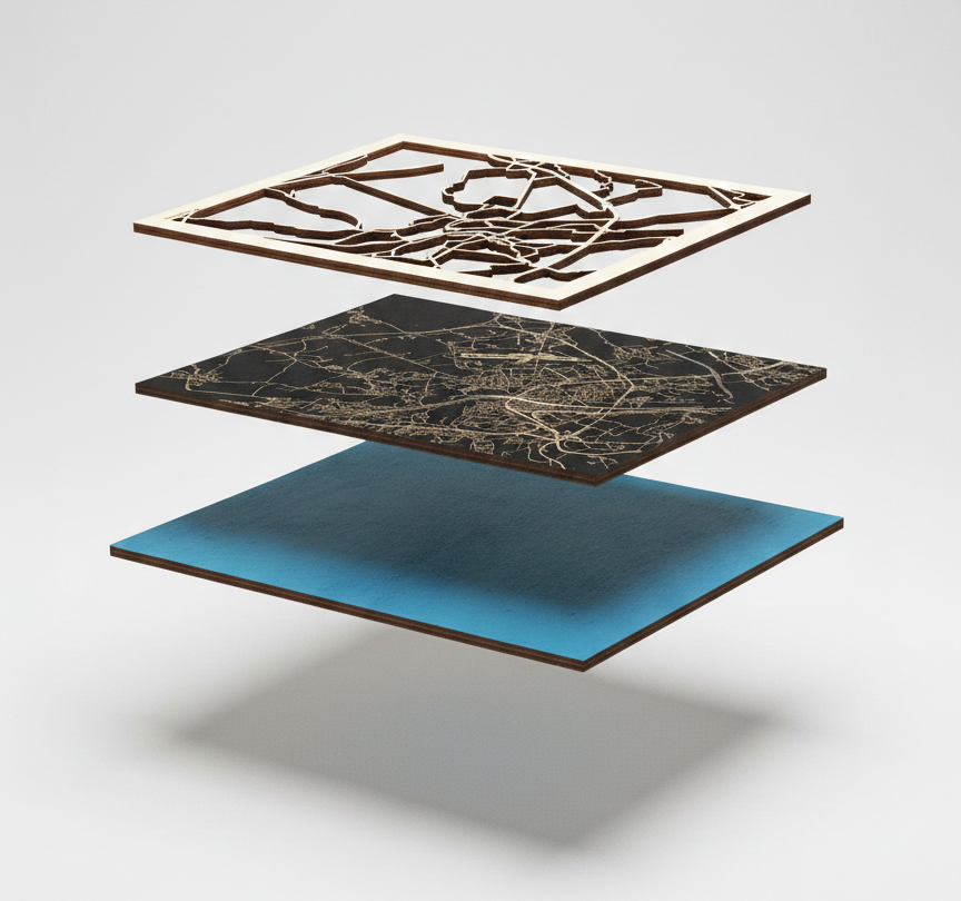 Exploded construction view showing glass, frame, wooden road layer, engraved base layer, and turquoise accent layer